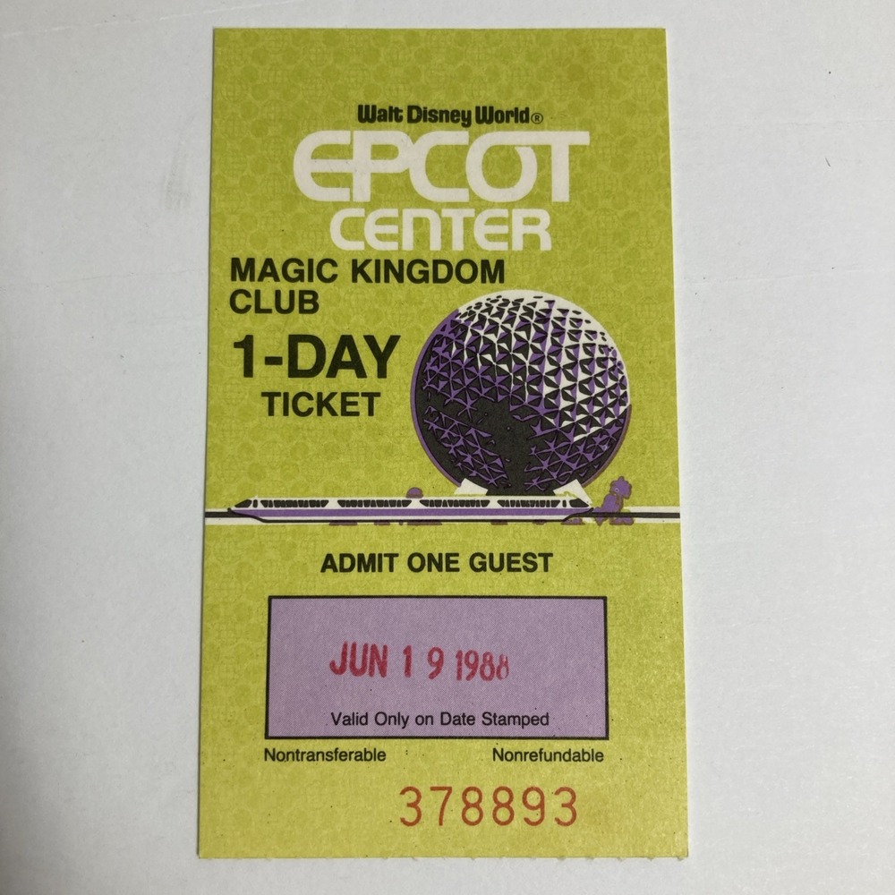 Walt Disney World EPCOT Center 1-Day Ticket  - June 19, 1988 Magic Kingdom Club